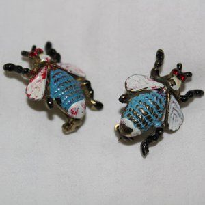 2 Vintage Fly Brooch Pins Red Rhinestones Eyes